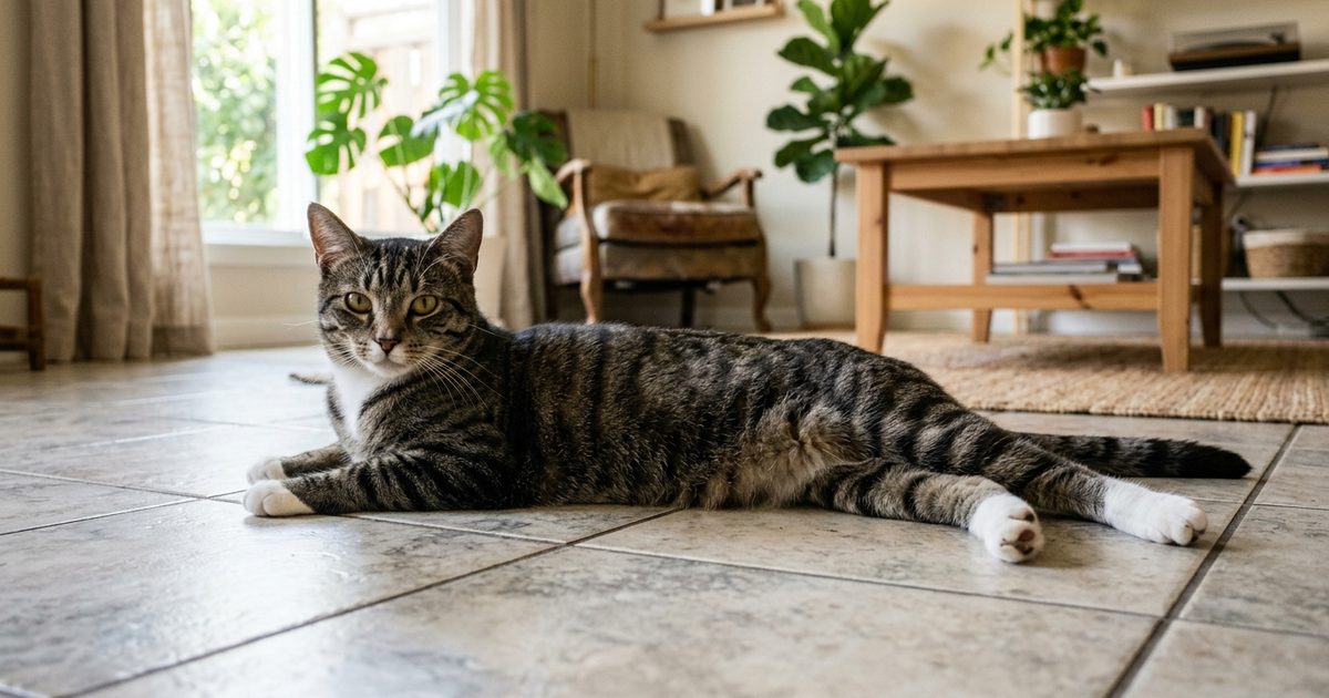 A gray tabby cat with dark charcoal stripes and white paws lying stretched out and splooting on a cool tiled floor, relaxed but alert, pink paw pads visible