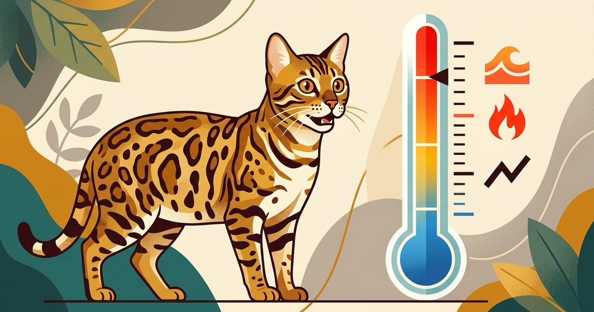 Flat modern vector illustration of a Bengal cat with wild golden-brown rosetted spots, wide alert eyes and mouth slightly open beside a thermometer with elevated red markings, heatstroke caution concept