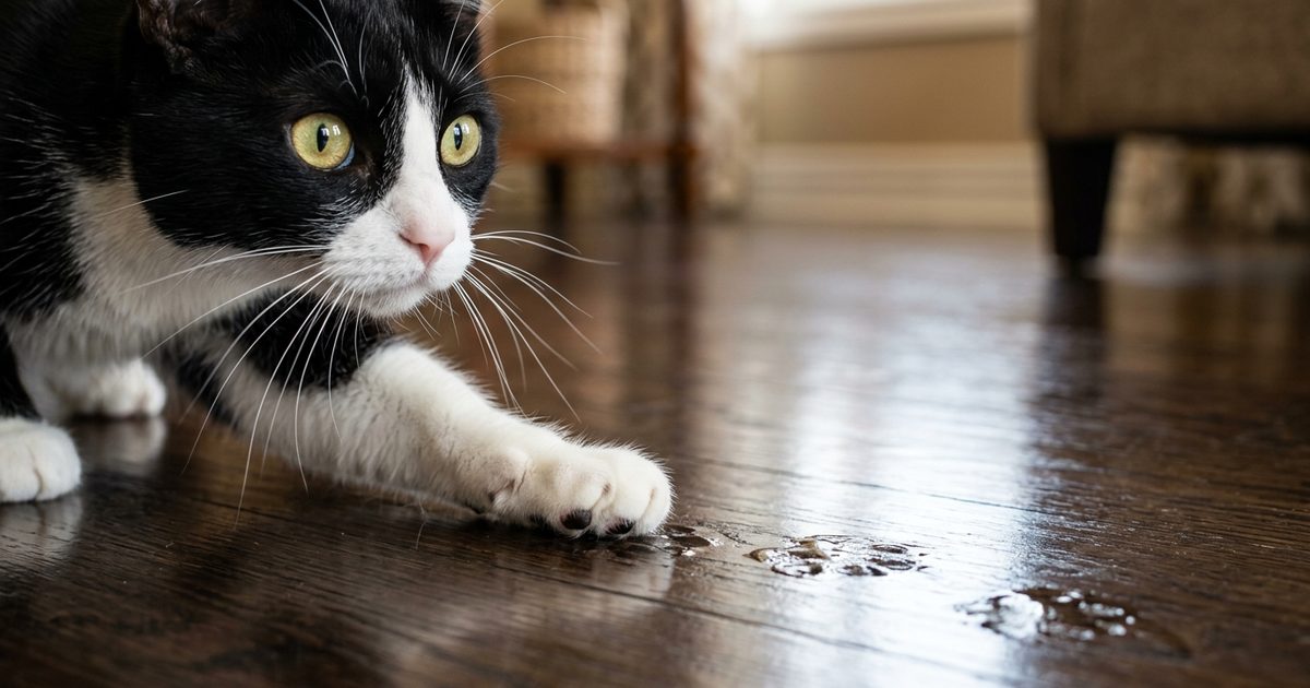 Macro close-up of a tuxedo cat's black-and-white paw pads pressing onto a glossy hard floor and leaving faint damp prints behind, wide golden-green curious eyes