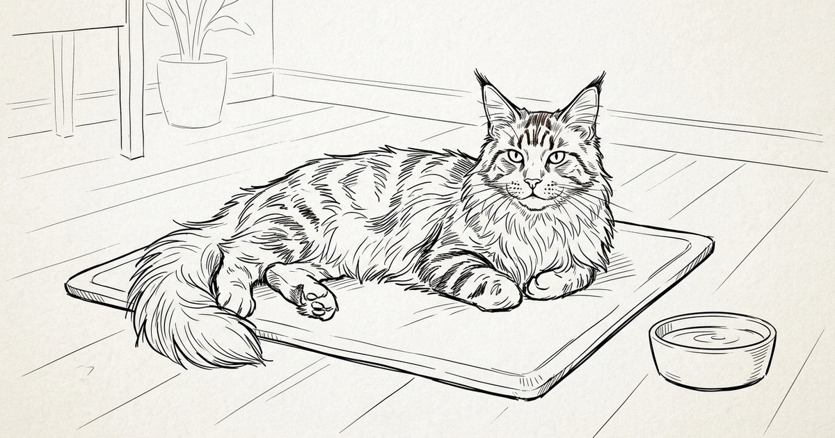 Ink line-art sketch of a large Maine Coon cat with long fluffy fur, tufted ears and paws, brown tabby coloring, lying calmly on a minimalist cooling mat with a water bowl nearby