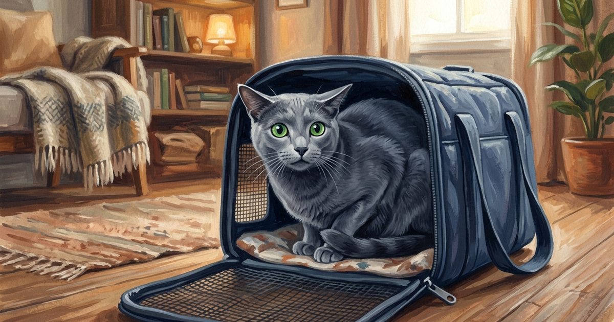Cozy gouache painting of a Russian Blue cat with dense silvery-blue coat and vivid green eyes sitting tensely inside an open pet carrier, ears slightly back, uncertain expression