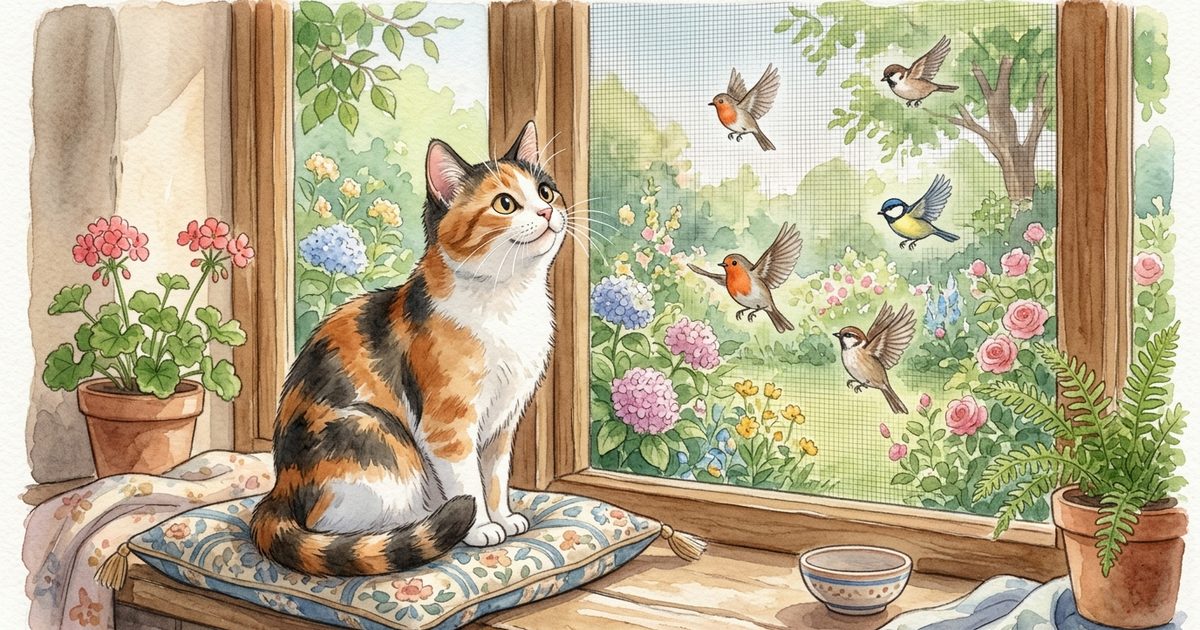 A calico cat with distinct patches of orange, black, and white fur sitting with delighted intent expression watching small birds flit across a screen, warm hand-painted scene