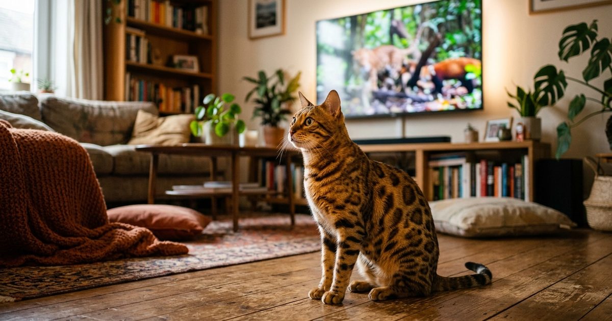 A spotted golden-brown Bengal cat sitting upright on a living-room floor, leaning toward a glowing TV, eyes wide and pupils dilated with alert curious focus