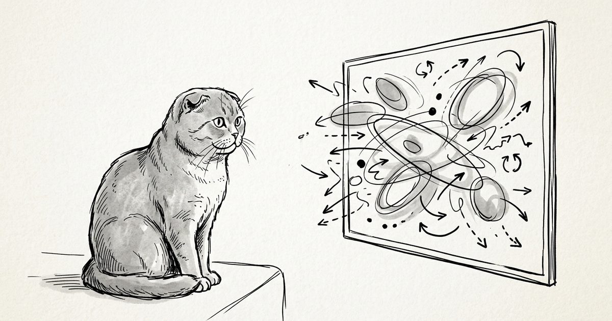 A gray Scottish Fold cat with folded-forward ears and a round face watching a screen rendered as minimalist blurred moving shapes and arrows, a conceptual diagram of limited feline perception