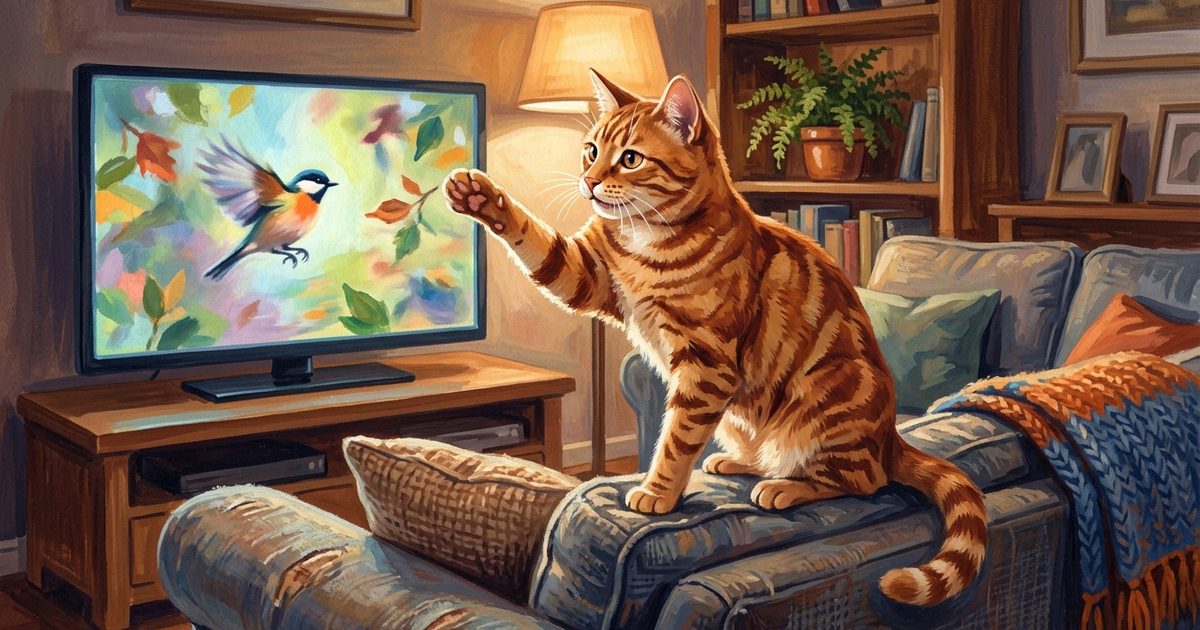 A warm orange tabby with mackerel stripes perched on a sofa arm, one paw raised mid-swat toward a TV screen showing motion, ears forward with a playful alert expression