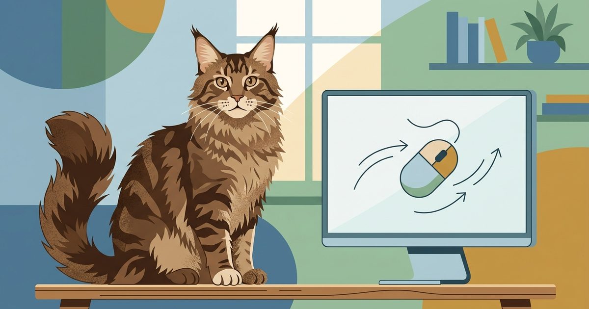 A large Maine Coon cat with long fluffy fur, tufted ears and brown tabby coloring, sitting beside a screen displaying a stylized simplified mouse shape with motion arrows