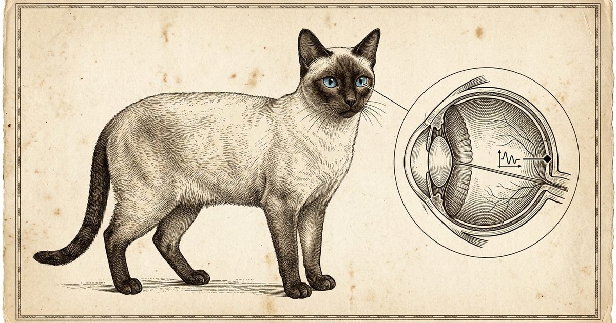 A Siamese cat with cream body and dark seal-brown points, bright blue almond eyes, watching a TV alongside a callout diagram of the feline eye showing a flicker-fusion threshold marker