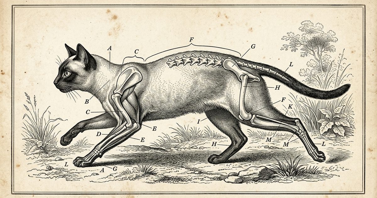 A Siamese cat vintage anatomical engraving, cream body with dark seal-brown points, spine flexion and digitigrade stance labelled with callout lines, monochrome ink on aged paper