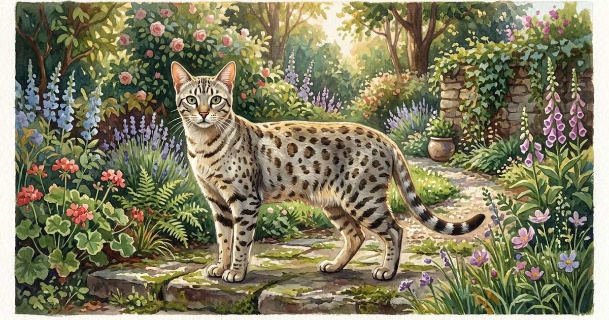 A cozy gouache painting of a lean spotted Egyptian Mau-style cat with a silver-gold coat and dark spots, standing alert in a dappled garden, muscles taut, ears forward, painterly warmth