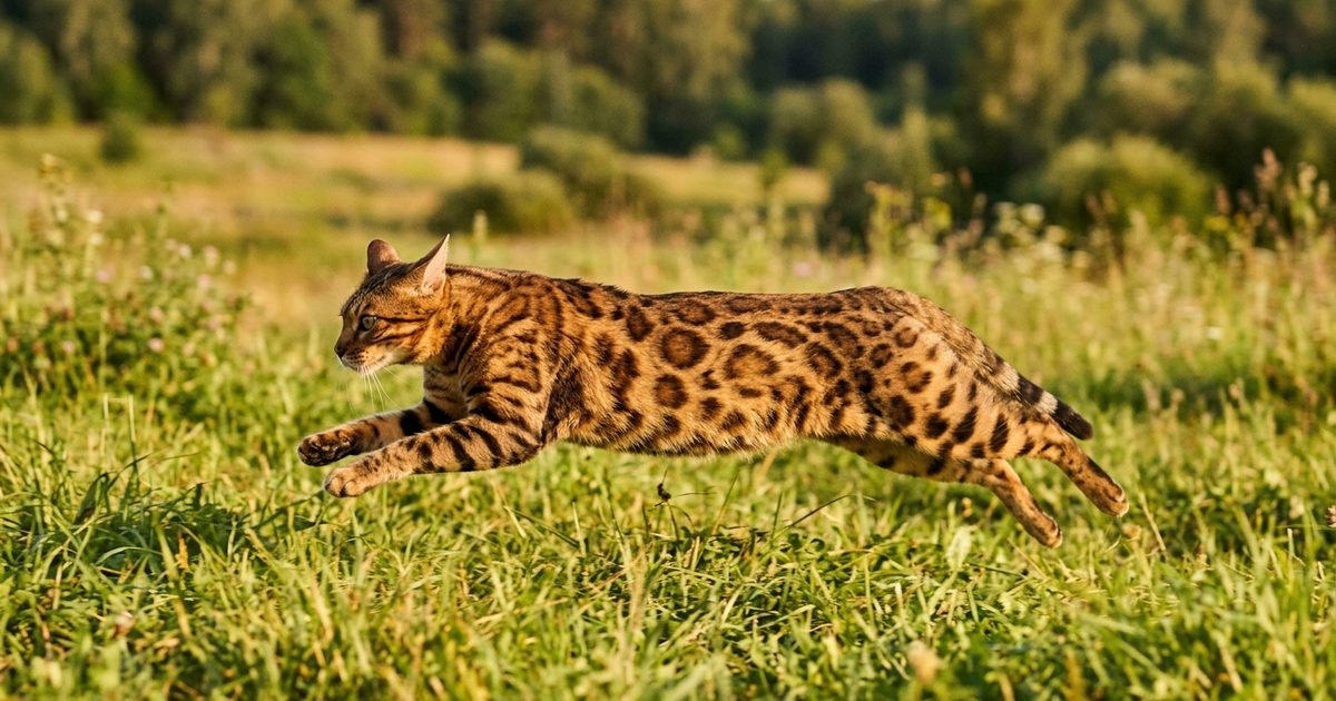 A Bengal cat with a spotted golden coat sprinting across grass, mid-stride with all paws off the ground, ears back, eyes locked forward
