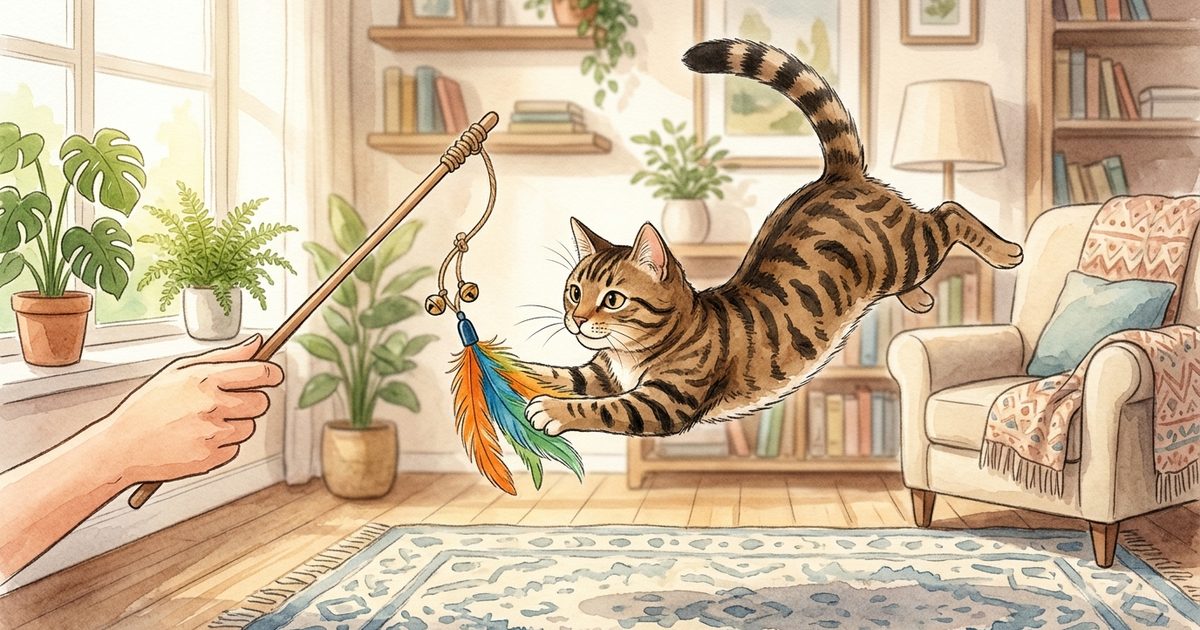 A soft watercolor storybook illustration of a brown tabby cat with bold black stripes mid-pounce on a wand toy in a sunlit living room, body arced in explosive joyful movement, warm hand-painted tone