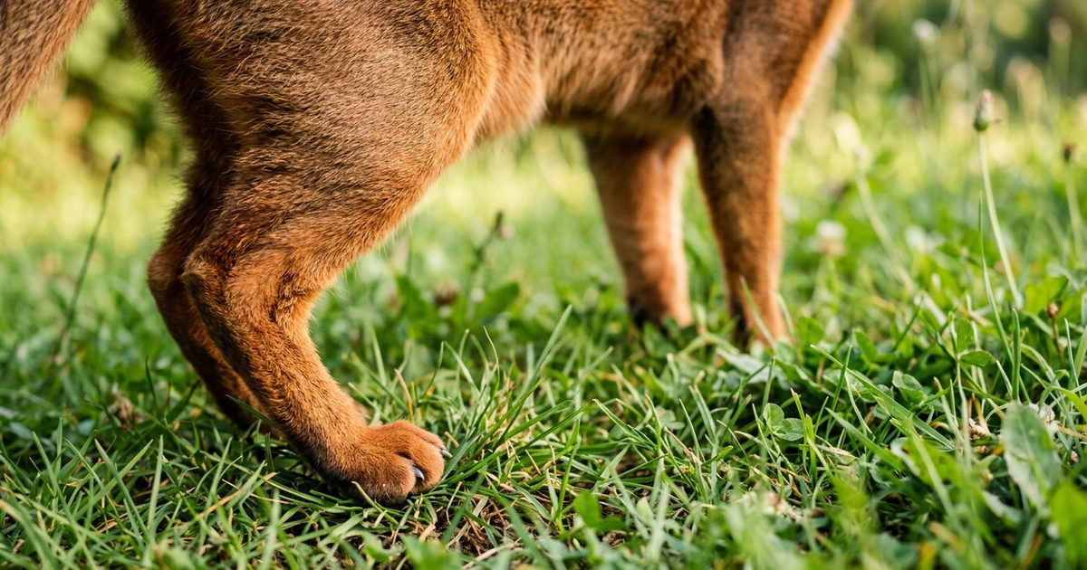 A sleek Abyssinian cat with a warm reddish-ticked coat mid-stride on grass, close-up of powerful hind legs and paw, muscular athletic tension, alert focused energy