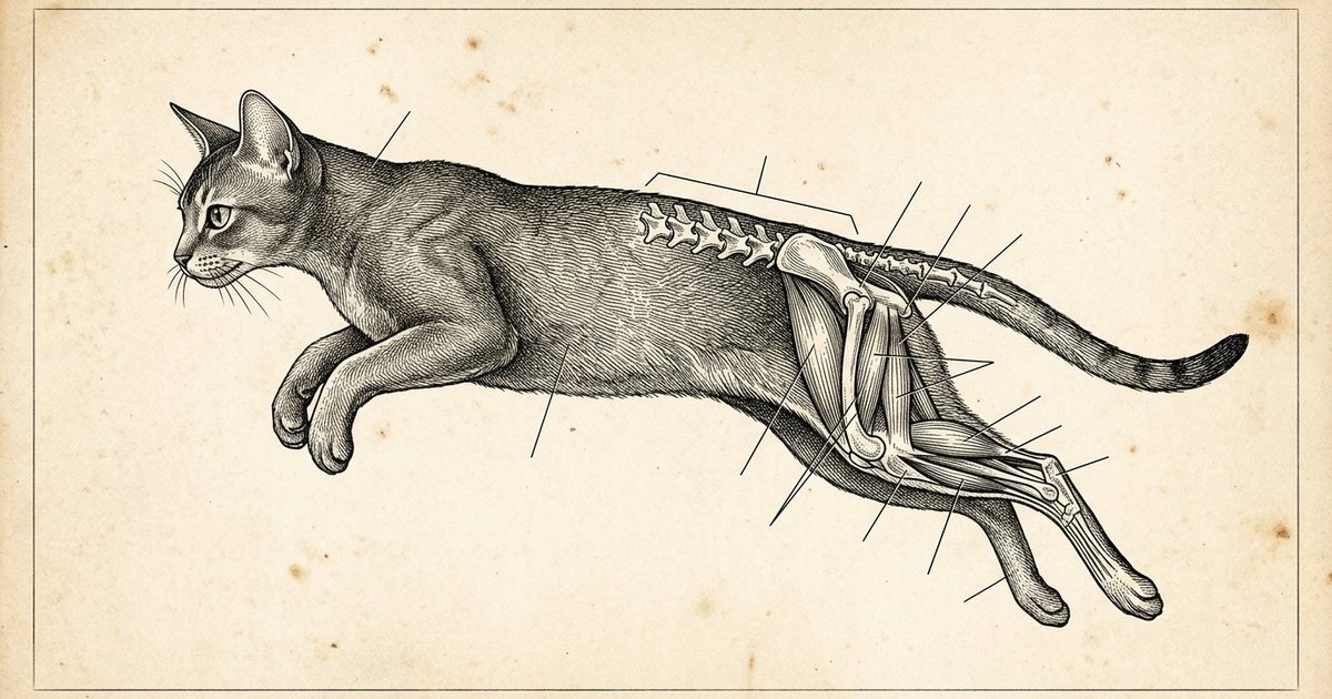 An Abyssinian cat as a vintage engraving, annotated scientific diagram of the hind-limb muscles and flexible spine in mid-jump, callout lines to tendon and vertebrae