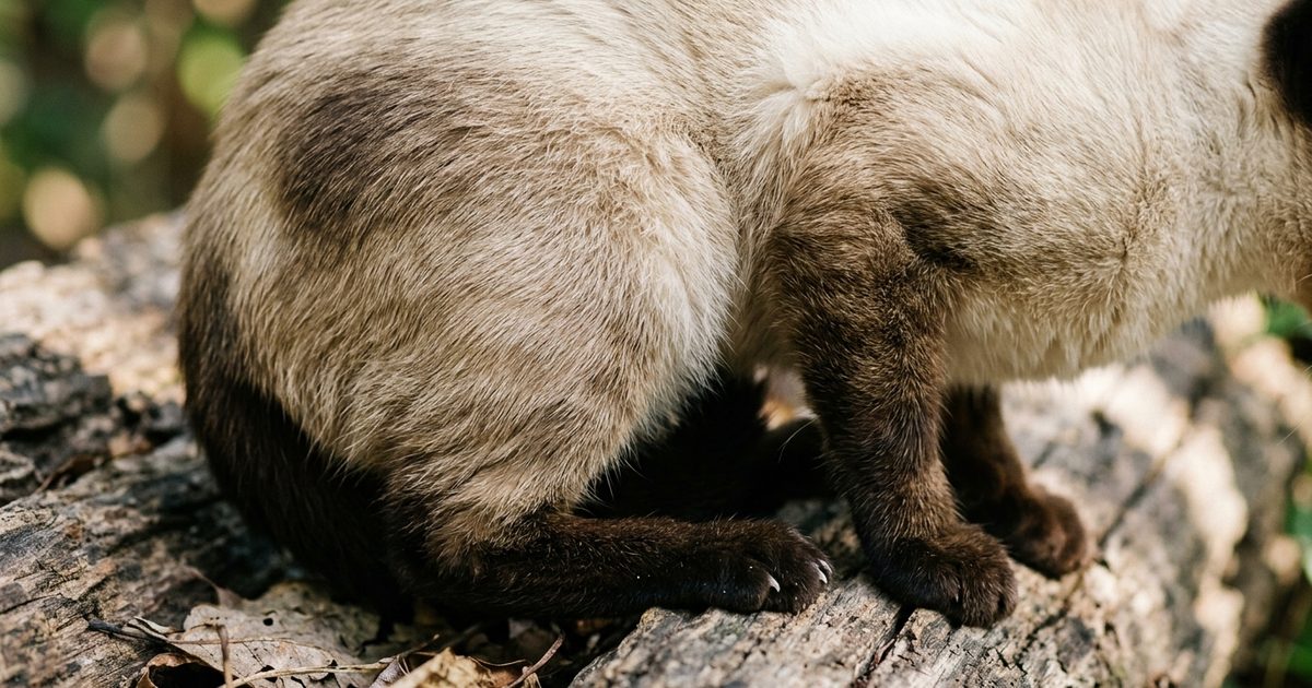 A Siamese cat with cream fur and dark seal-brown points coiled in a deep crouch, hind leg muscles defined, alert blue eyes, ready to launch upward