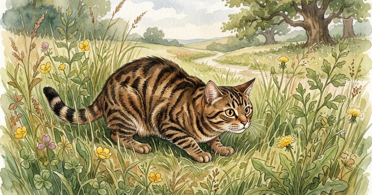 A brown tabby cat with bold black stripes crouched low in tall grass, eyes locked on unseen prey, body coiled and ready to pounce, intense wild hunting instinct, soft watercolor children's-storybook illustration
