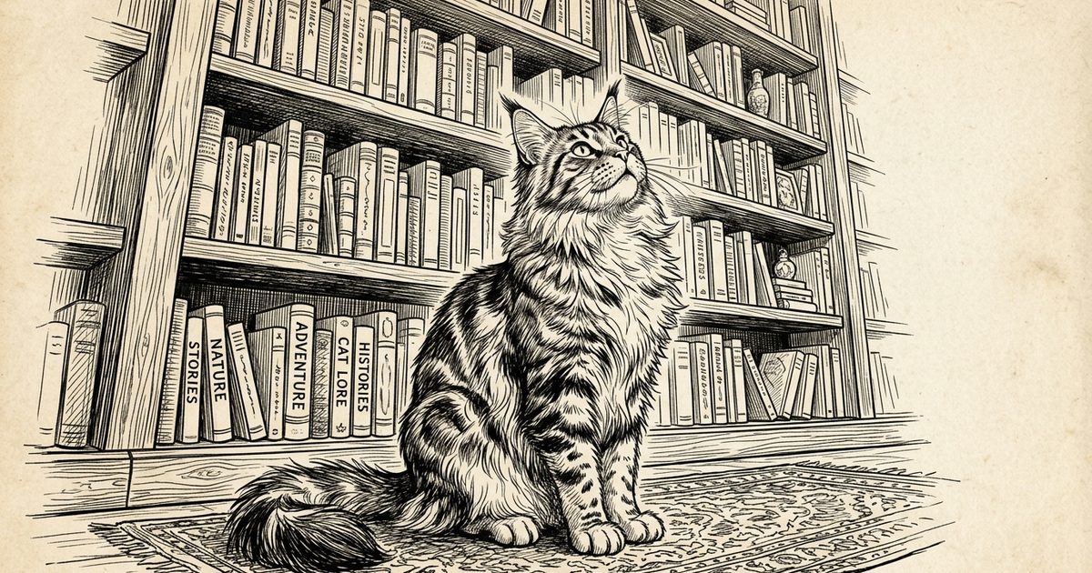 A large fluffy Maine Coon with tufted ears, brown tabby coloring, sitting at the base of a tall bookshelf gazing upward, hesitant, ink line-art sketch