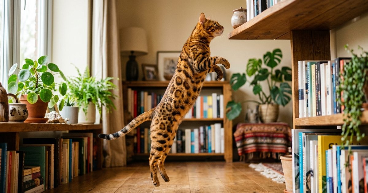 A spotted Bengal cat mid-leap launching straight up toward a high wooden shelf, hind legs extended, muscles coiled, explosive and athletic
