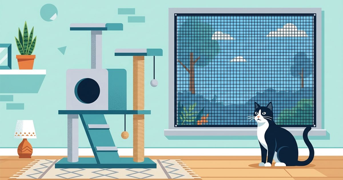 A tuxedo cat with a black coat and white chest, paws, and whiskers beside a sturdy cat tree next to a window fitted with a secured mesh screen, clean flat vector safety diagram