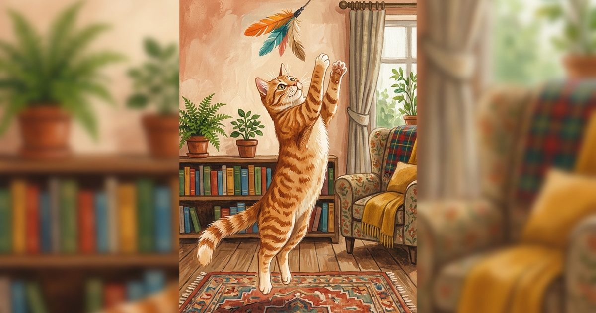 A ginger orange tabby with classic mackerel stripes launching straight up from a deep crouch toward a dangling feather toy, body fully extended and powerful, athletic and playful, cozy gouache painting