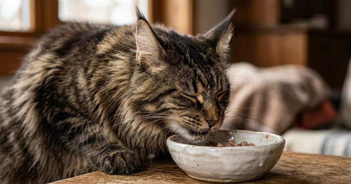 A Maine Coon cat contentedly eating kitten-formula food during pregnancy