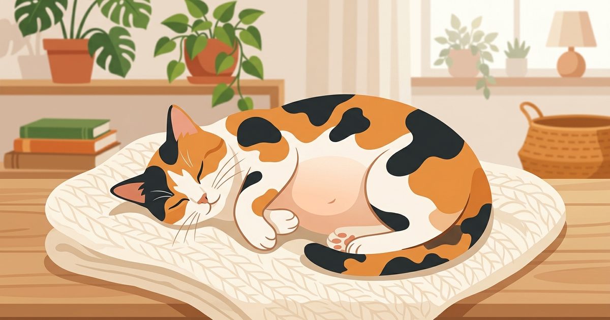 A calm calico cat curled on a soft blanket showing the rounded belly of pregnancy