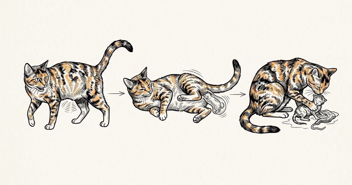 A line-art sketch illustrating the stages of a cat giving birth