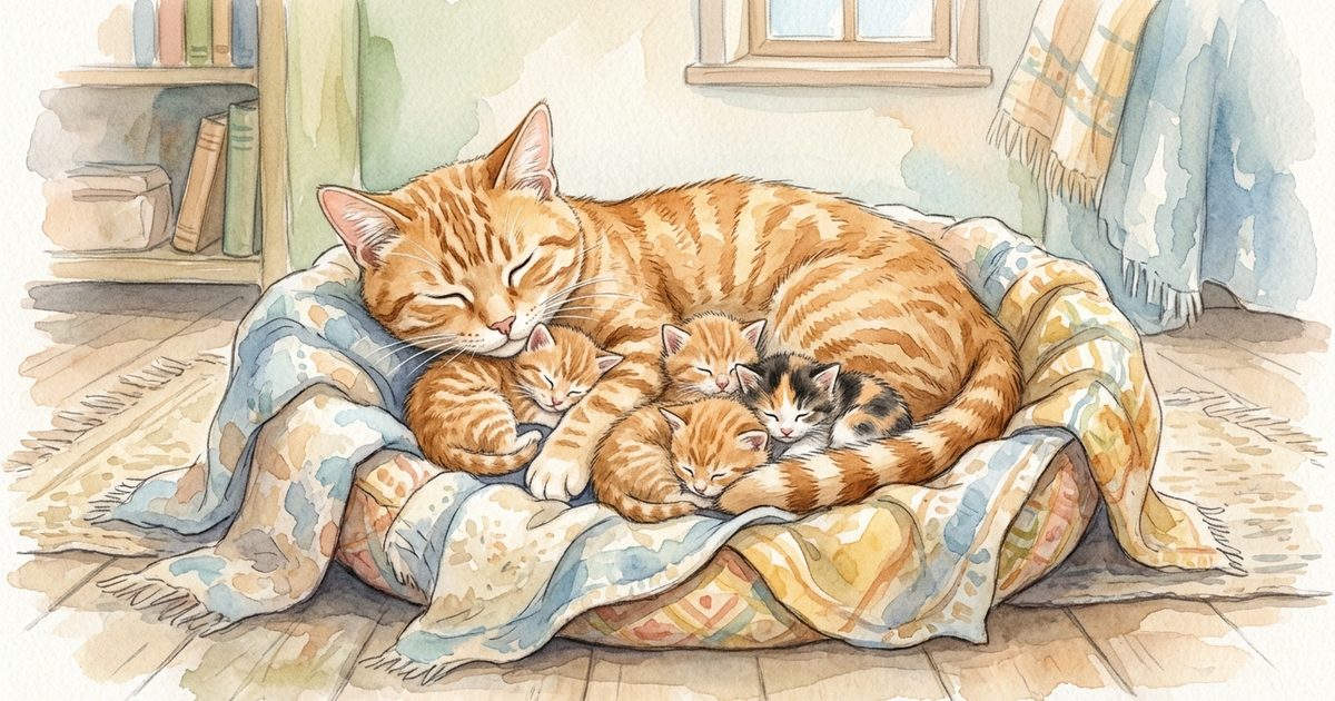 A watercolor illustration of a mother cat with her litter of kittens in a cozy nest