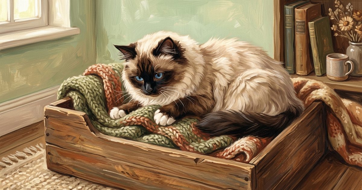 A gouache painting of a Ragdoll cat preparing a warm nesting box