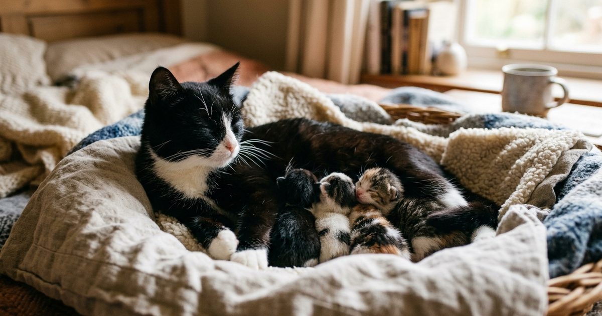 A tuxedo cat peacefully nursing her newborn kittens in a warm nest