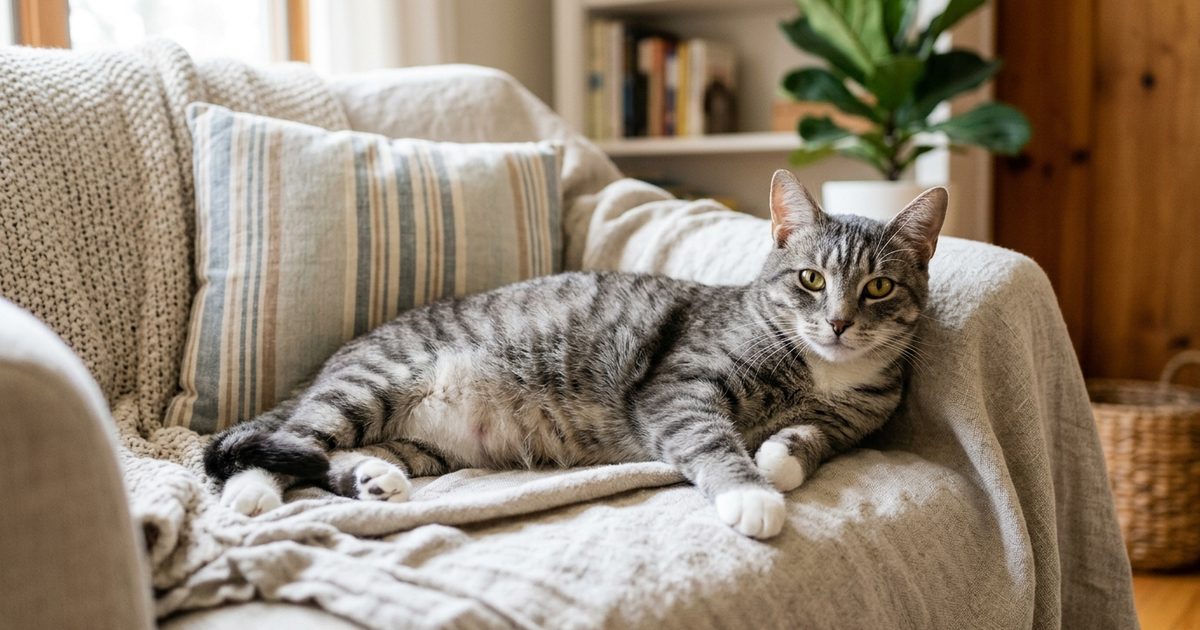 A gray tabby cat lying calmly with a visibly rounded pregnant belly