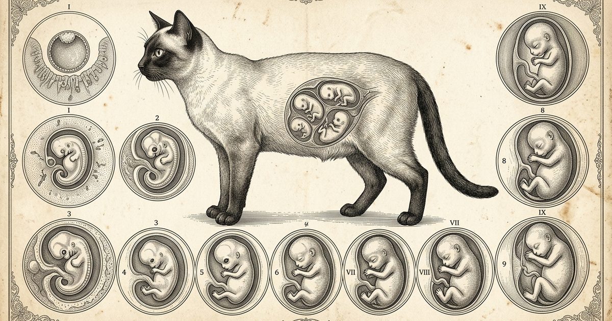 An engraved vintage-style scientific plate showing week-by-week kitten development in the womb