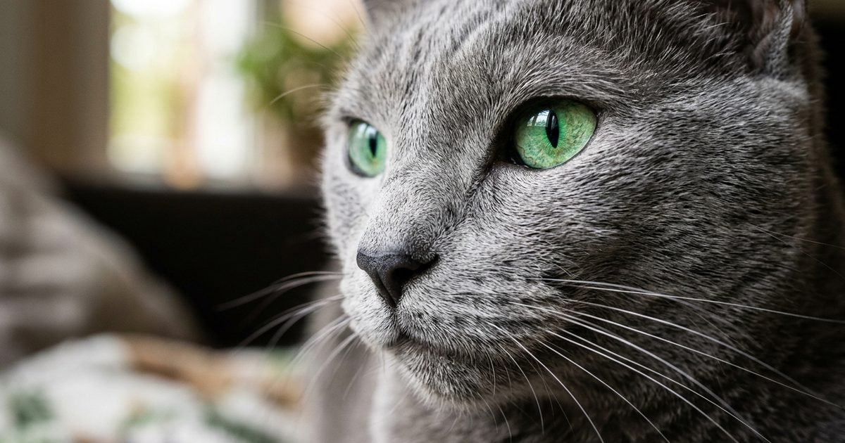 Macro close-up of a senior Russian Blue cat's face, silvery-blue coat, green eyes, fine whiskers, calm and wise expression