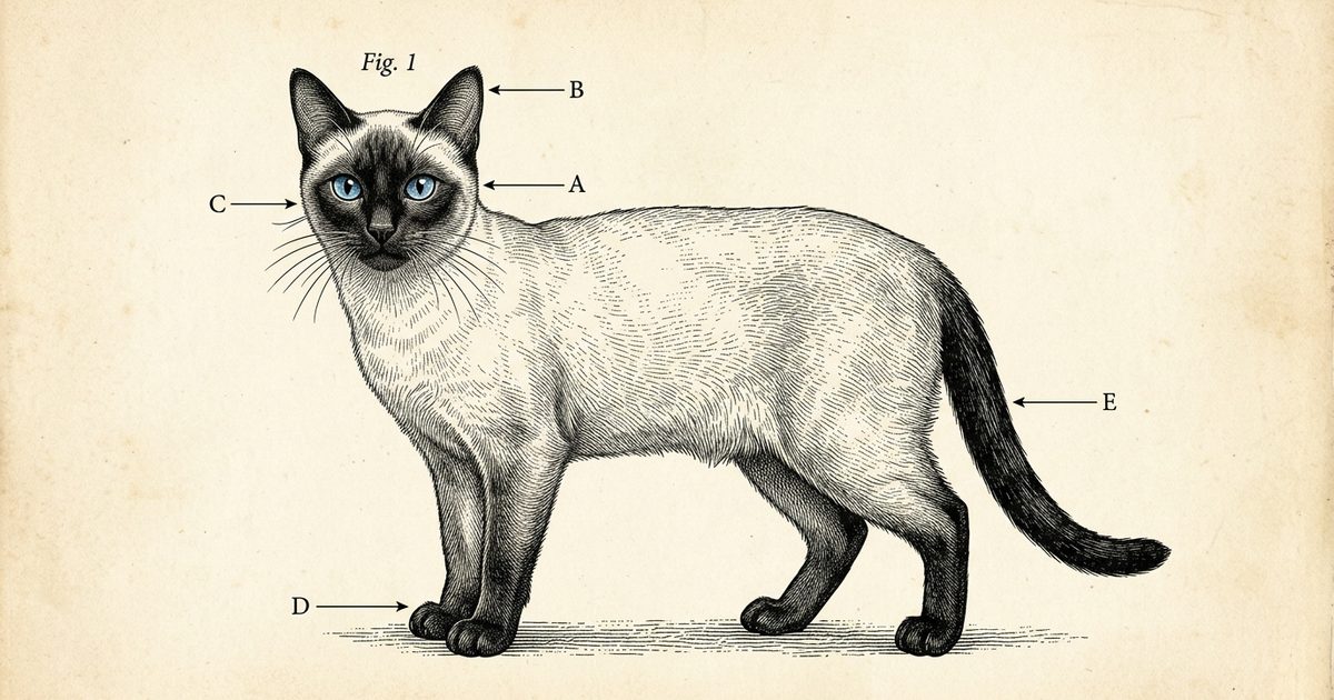 Vintage encyclopedia engraving of a Siamese cat with cream body, dark seal-brown points, and blue eyes, annotated botanical-plate style