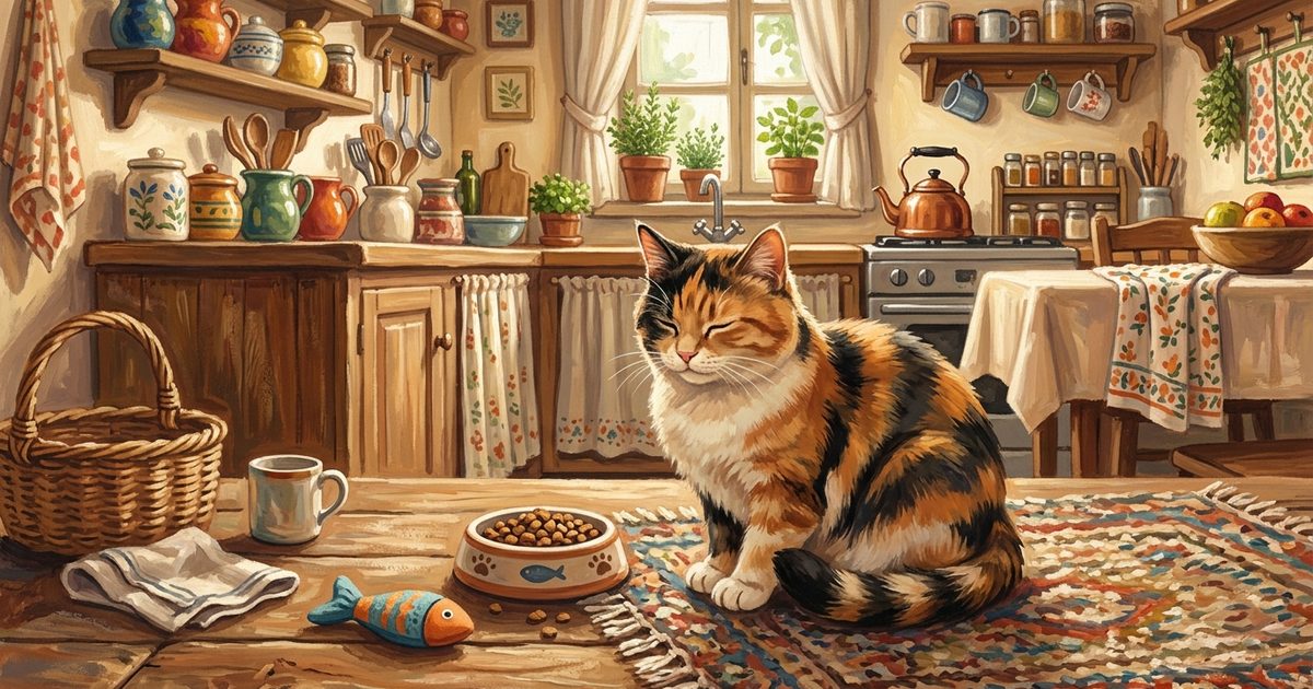 A calico cat with distinct patches of orange, black, and white fur sitting contentedly beside a balanced meal bowl and a small toy, well-cared-for and relaxed, warm textured gouache painting