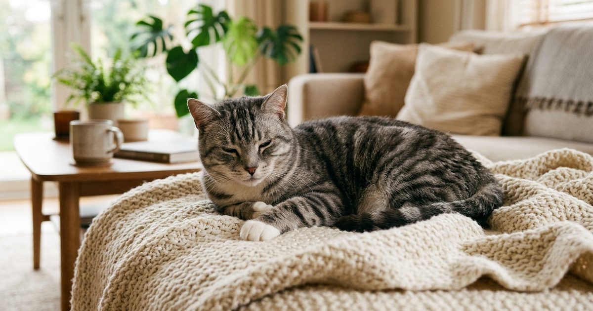 A serene senior gray tabby cat with silver-gray fur, dark charcoal stripes, and white paws resting peacefully on a soft cream blanket, eyes half-closed, calm and content