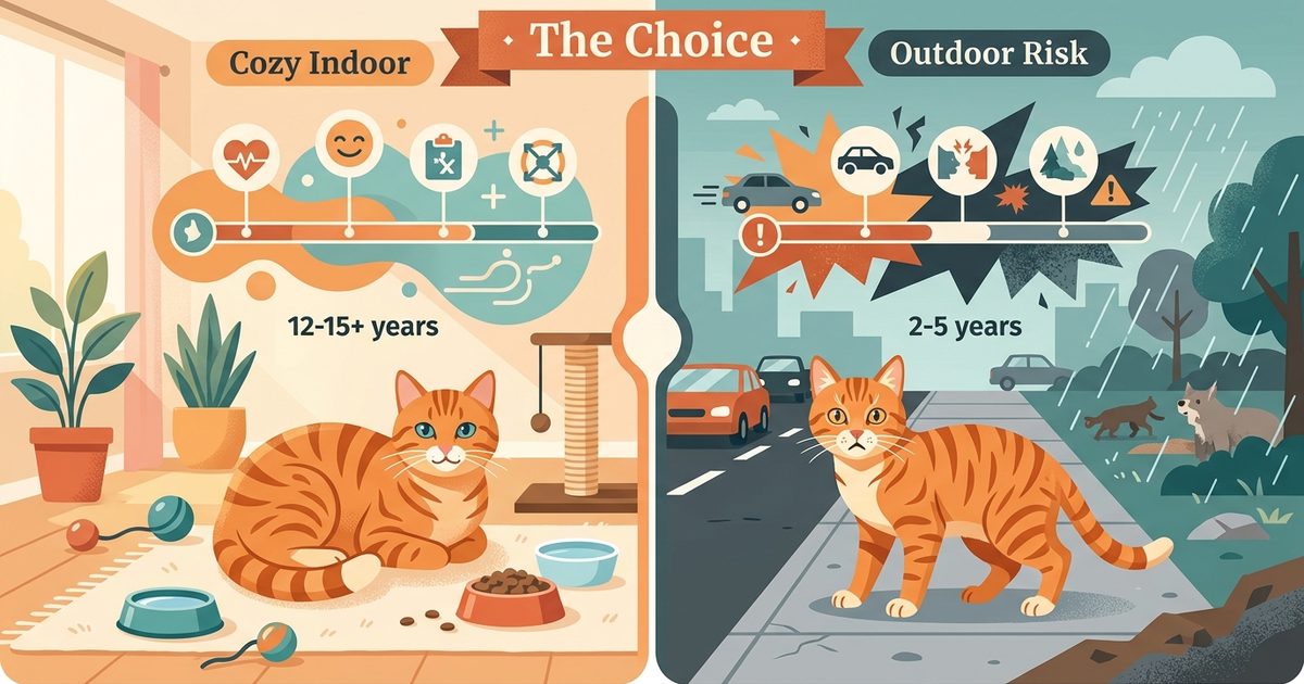 Split-scene illustration: a calm ginger tabby resting contentedly indoors on one side, the same cat outdoors near a road on the other