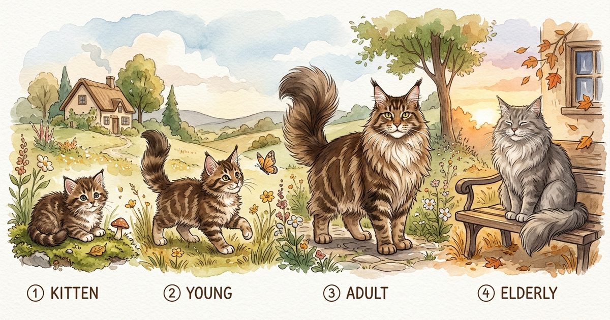 A large Maine Coon cat shown across a timeline from tiny kitten to young cat to prime adult to serene elderly cat, soft watercolor storybook style