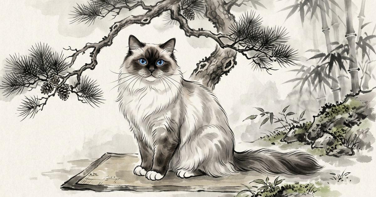 A dignified elderly Ragdoll cat in elegant Japanese sumi-e ink wash portrait, cream body with brown colorpoint face and paws, blue eyes