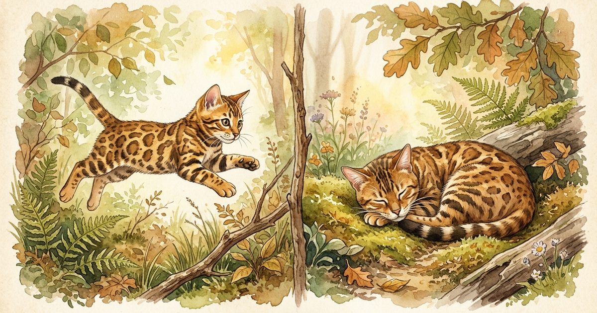 A Bengal cat with a wild golden-brown spotted coat shown in two scenes, on the left a young version mid-pounce full of energy and on the right a senior version curled and resting calmly