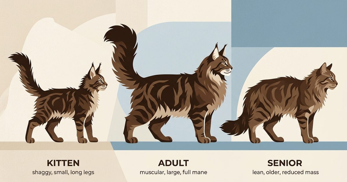 A Maine Coon cat with long fluffy fur, tufted ears and brown tabby coloring shown as three flat-vector side-profile silhouettes — a gangly kitten, a sleek muscular adult, and a lean senior with reduced muscle