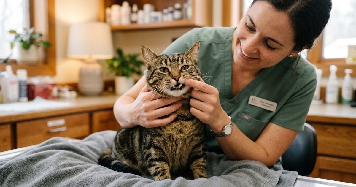 A brown tabby cat with bold black stripes and classic tabby markings resting calmly in a vet's hands as the vet gently lifts its lip to inspect its teeth, warm trusting clinical light