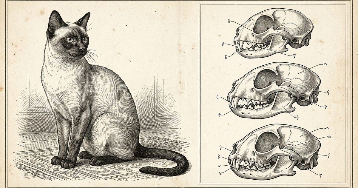 A Siamese cat with a cream body and dark seal-brown points beside a detailed antique anatomical engraving of cat dentition across kitten, adult and senior stages with delicate callout markers, vintage encyclopedia plate style