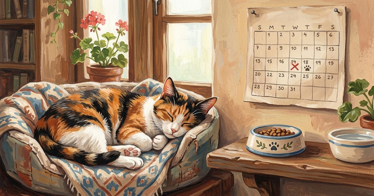 A calico cat with distinct orange, black and white patches resting peacefully beside a labeled food bowl and a simple wall calendar marked for a vet visit, warm tender gouache painting