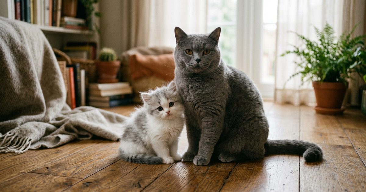 A small kitten sitting beside a fully grown adult cat, highlighting the size and age contrast between a teething kitten and a mature cat with a complete adult smile