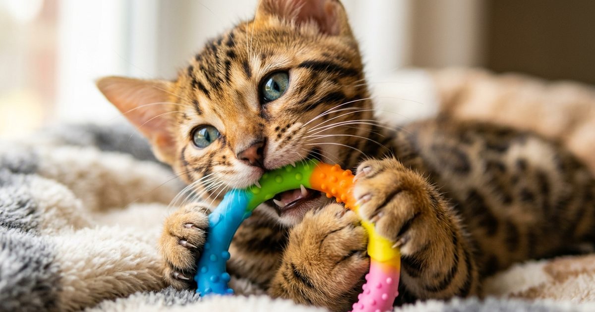 A Bengal kitten happily gnawing on a colorful silicone teething toy, bright photographic close-up highlighting soft gums and playful curiosity