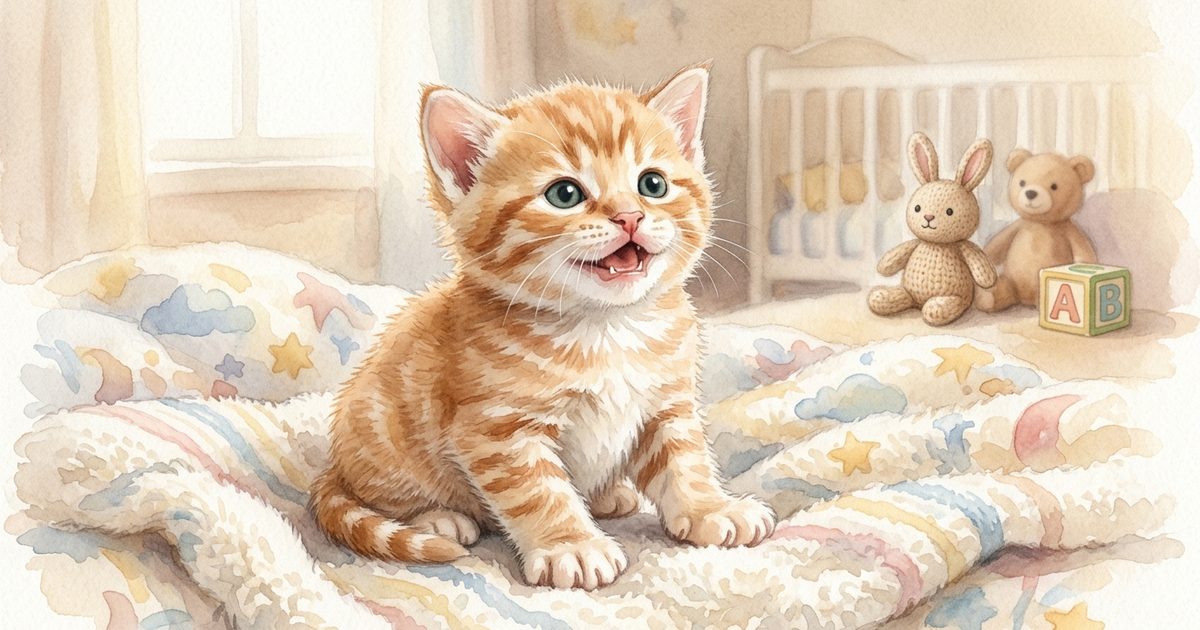A very young orange tabby kitten around three to four weeks old, gentle illustrated style, tiny emerging baby teeth just visible as it opens its mouth softly