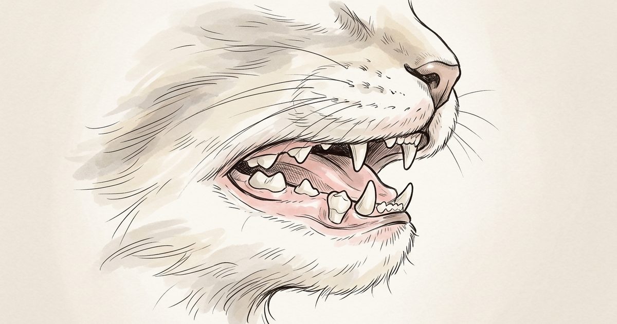 A close-up illustration of a kitten's open mouth showing two teeth crowded together in the same socket, a retained baby tooth beside its adult replacement, clean non-graphic style