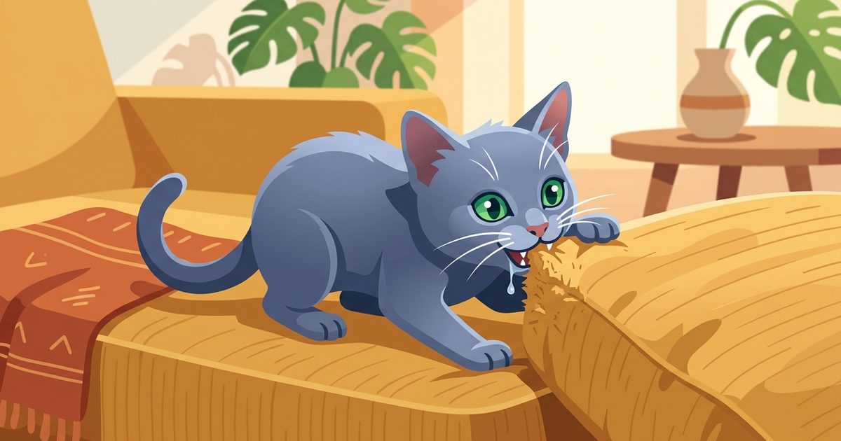 A Russian Blue kitten drooling slightly while chewing on the corner of a couch, expressive illustrated scene capturing playful teething mischief