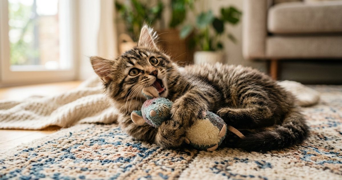A playful brown tabby kitten happily chewing on a soft plush toy, warm natural lighting, illustrating the stage when baby teeth begin loosening and falling out