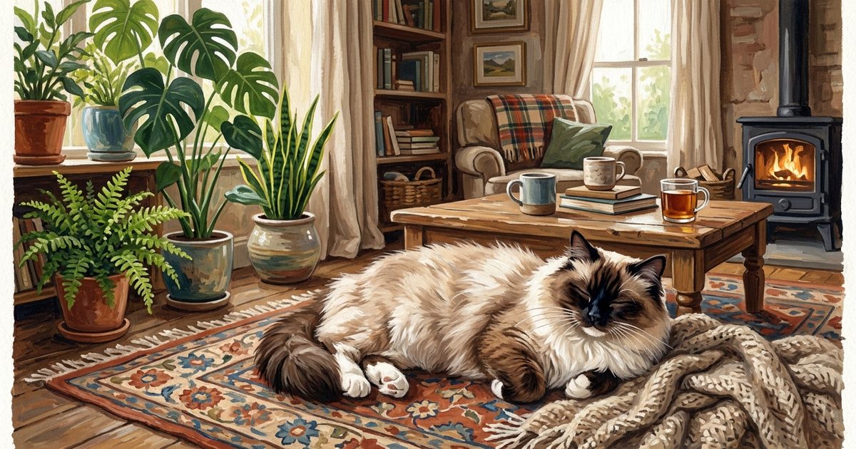 A content Ragdoll cat with long silky cream fur and a dark brown colorpoint face enjoying the settled calm of a spayed life, cozy gouache painting, relaxed and peaceful